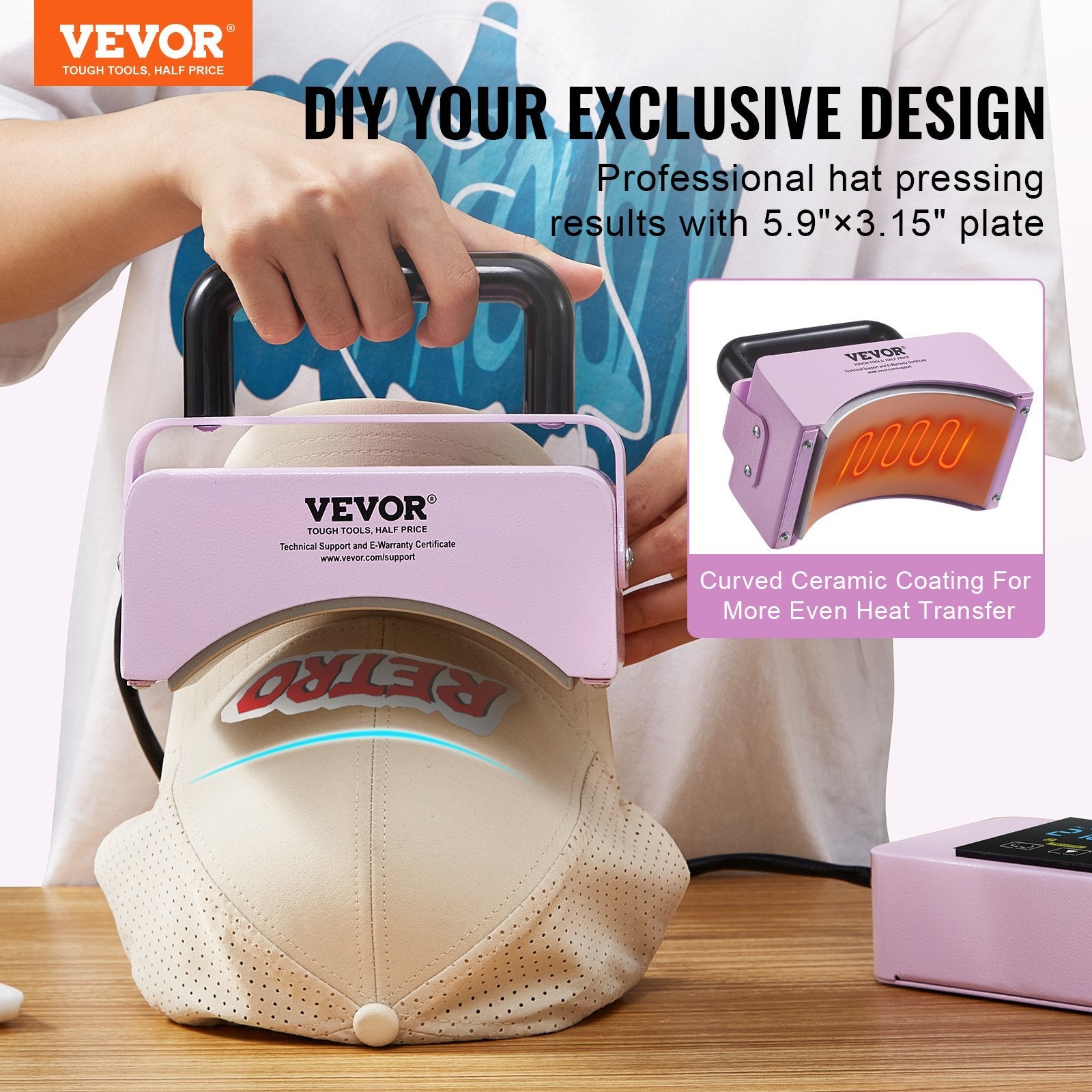 VEVOR Mini Hat Heat Press for Caps — 5.9" x 3.15" Plate (Purple)