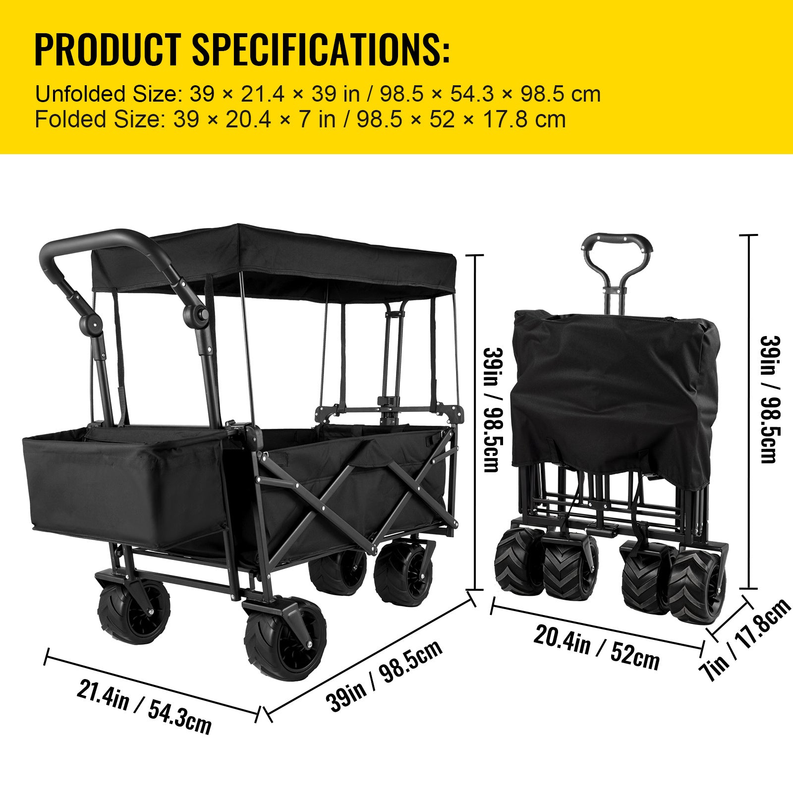 VEVOR Extra Large Collapsible Garden Cart With Removable Canopy, Folding Wagon Utility Carts With Wheels And Rear Storage, Wagon Cart For Garden, Camping, Grocery Cart, Shopping Cart, Black