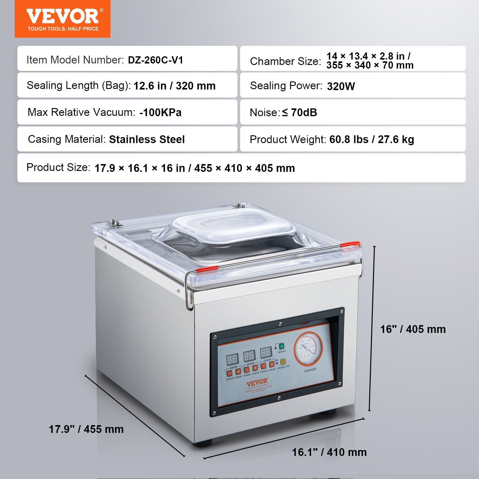 VEVOR Chamber Vacuum Sealer DZ-260C, 110V Packaging Machine Sealer for Food Saver (Home & Commercial)