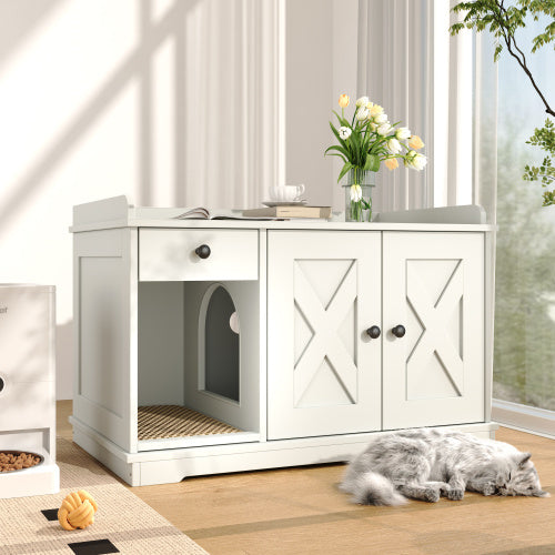 GO Cat Litter Box Enclosure, Hidden Litter Box Furniture with Storage Drawer & Mat — Farmhouse White