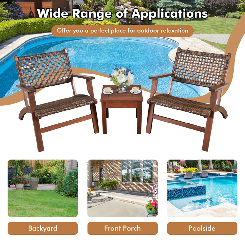 Coocosh Outdoor Chair Set with Woven Seats and Solid Wood Frame in Rich Brown, ideal for Relaxation, perfect for Backyard, Front Porch, or Poolside settings. Provides comfort for enjoying outdoor moments.