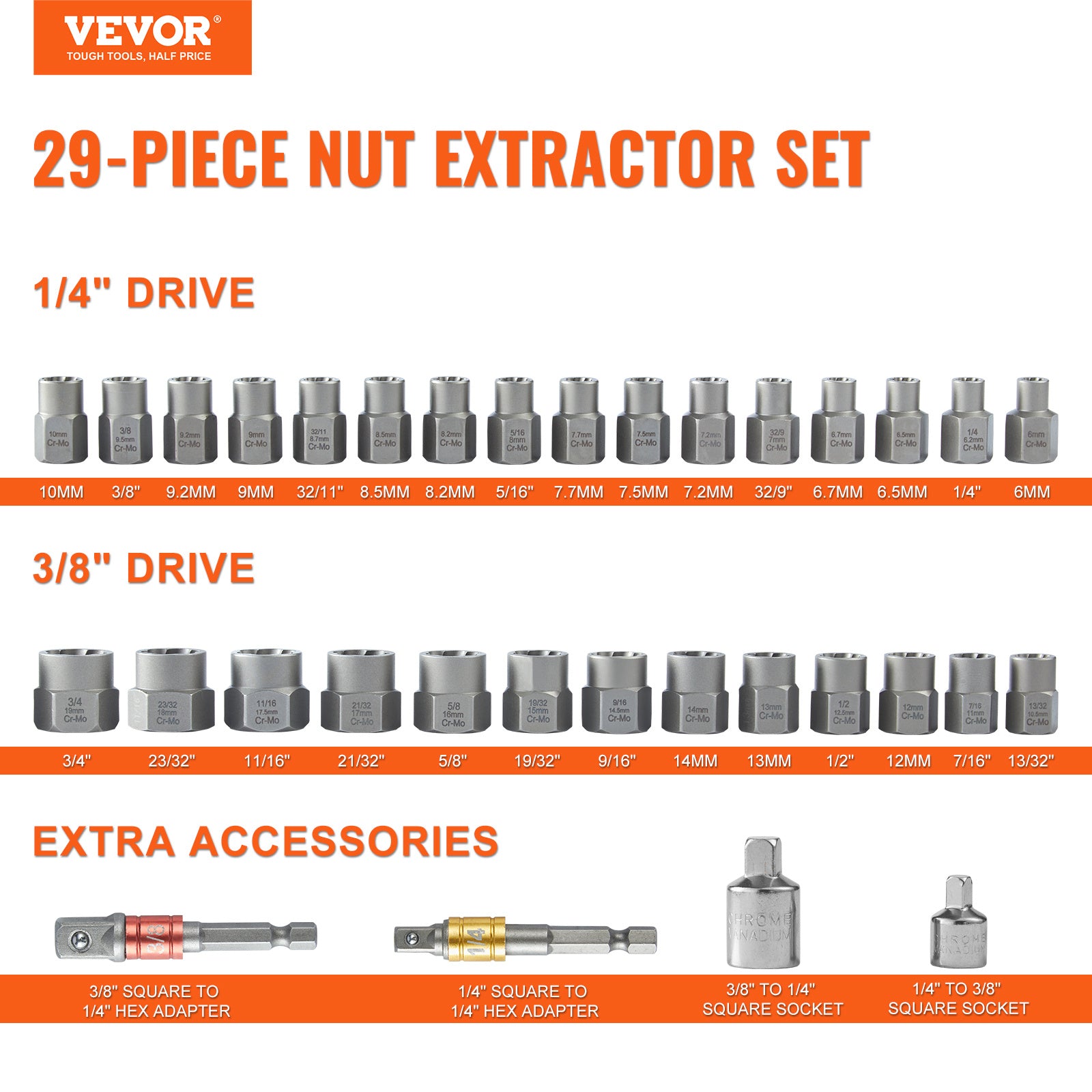 VEVOR 29-Piece Bolt & Nut Extractor Set, CR-MO Steel, 6–10mm with Case