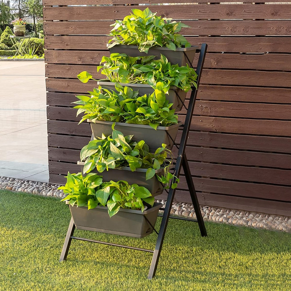 Coocosh five-tier garden bed made from weather-resistant materials, suitable for various plants, presented in a sleek gray finish, optimal for promoting healthy growth in any garden.