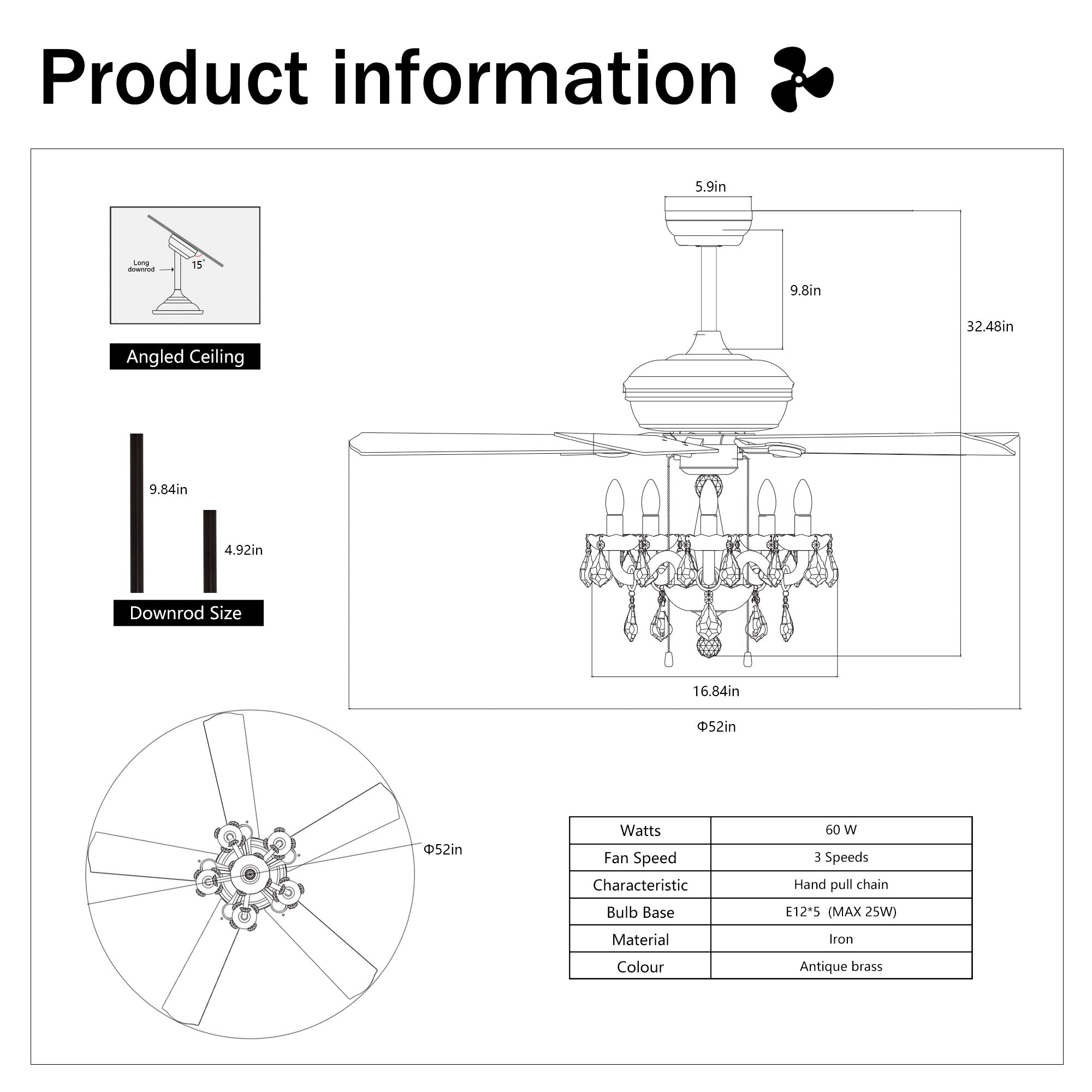 52" Matte Black Crystal Shade Ceiling Fan Lamp — 3-Speed Reversible Motor, 5 Reversible Blades (E12×5, Bulbs Not Included)