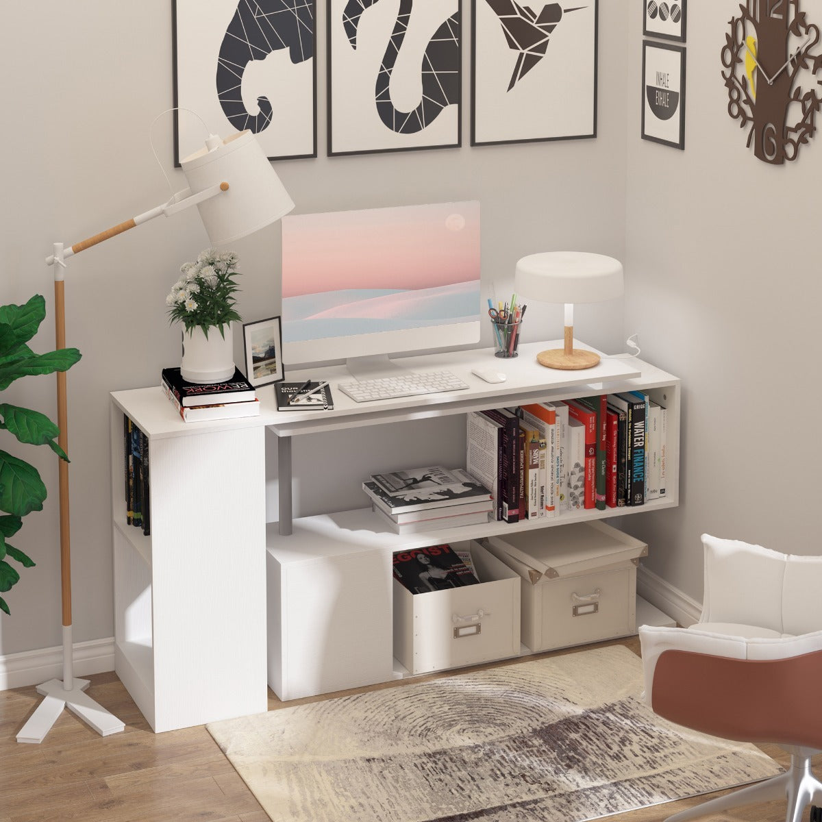 L-Shaped Desk 55 360 Rotating White Corner Computer Workstation With Storage