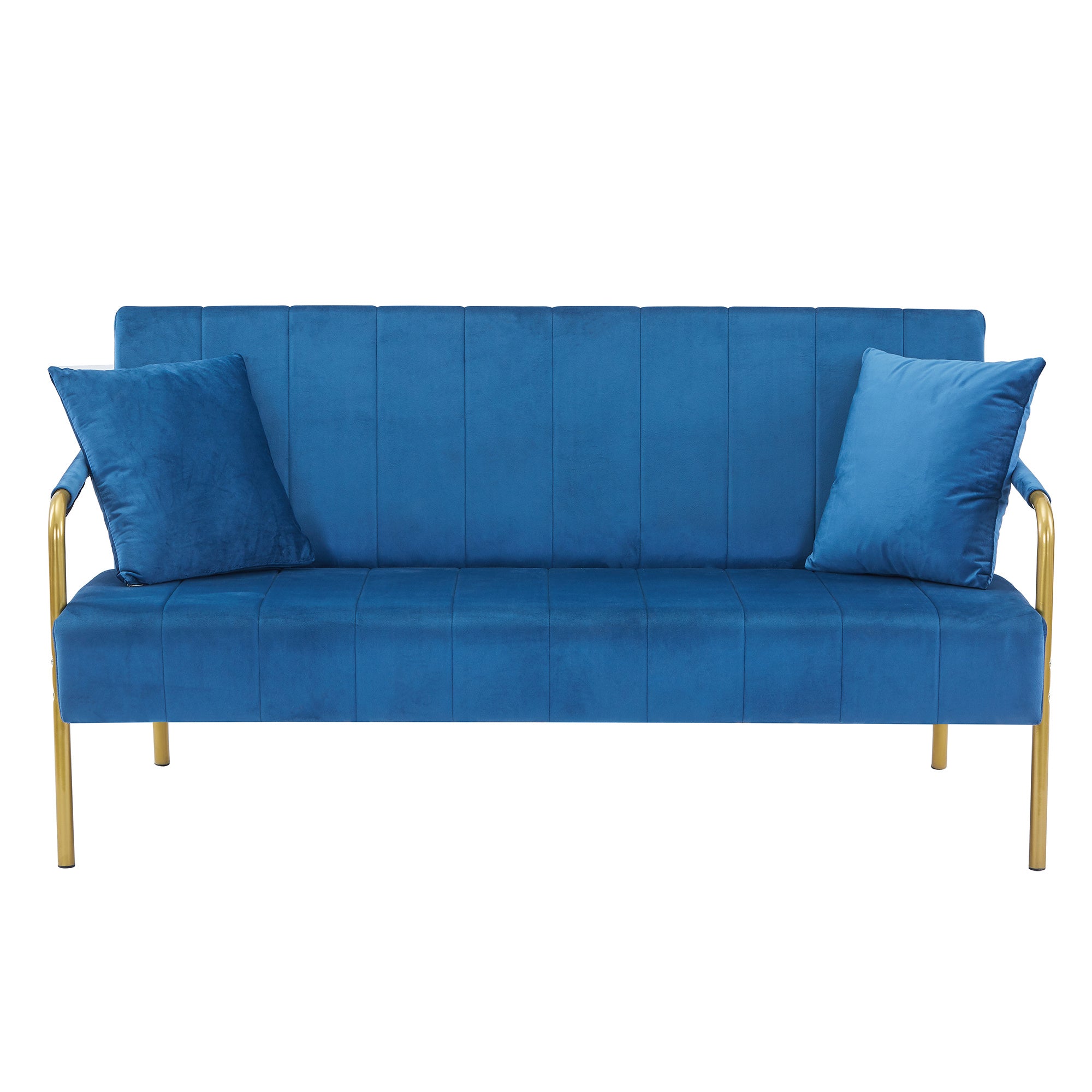 Coocosh Modern Sofa Velvet Blue Cushion with Gold Legs 72x30x32 inches Elegant Design for Contemporary Living Spaces.