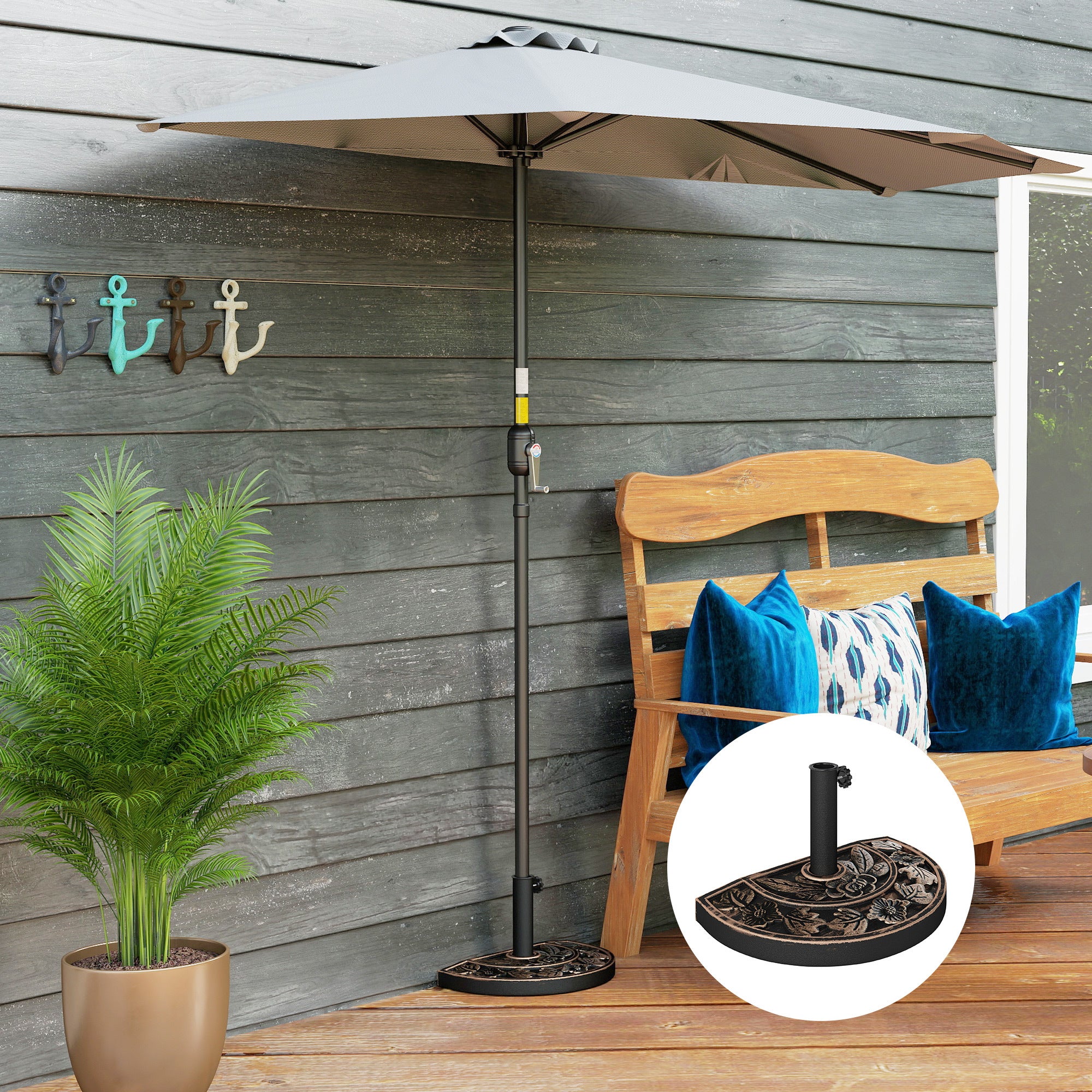 20lbs Half Round Patio Umbrella Base Outdoor Decorative Resin Parasol Stand Holder For 1.5, 1.9 Pole, Lawn, Deck, Garden Use, Bronze