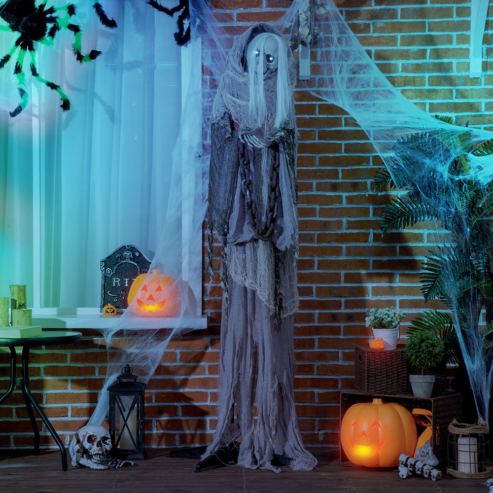 74inch Life Size Outdoor Halloween Decorations Skeleton Witch, Sound And Motion Activated Animated Prop Animatronic Decor With Light Up Eyes, Spooky Sound