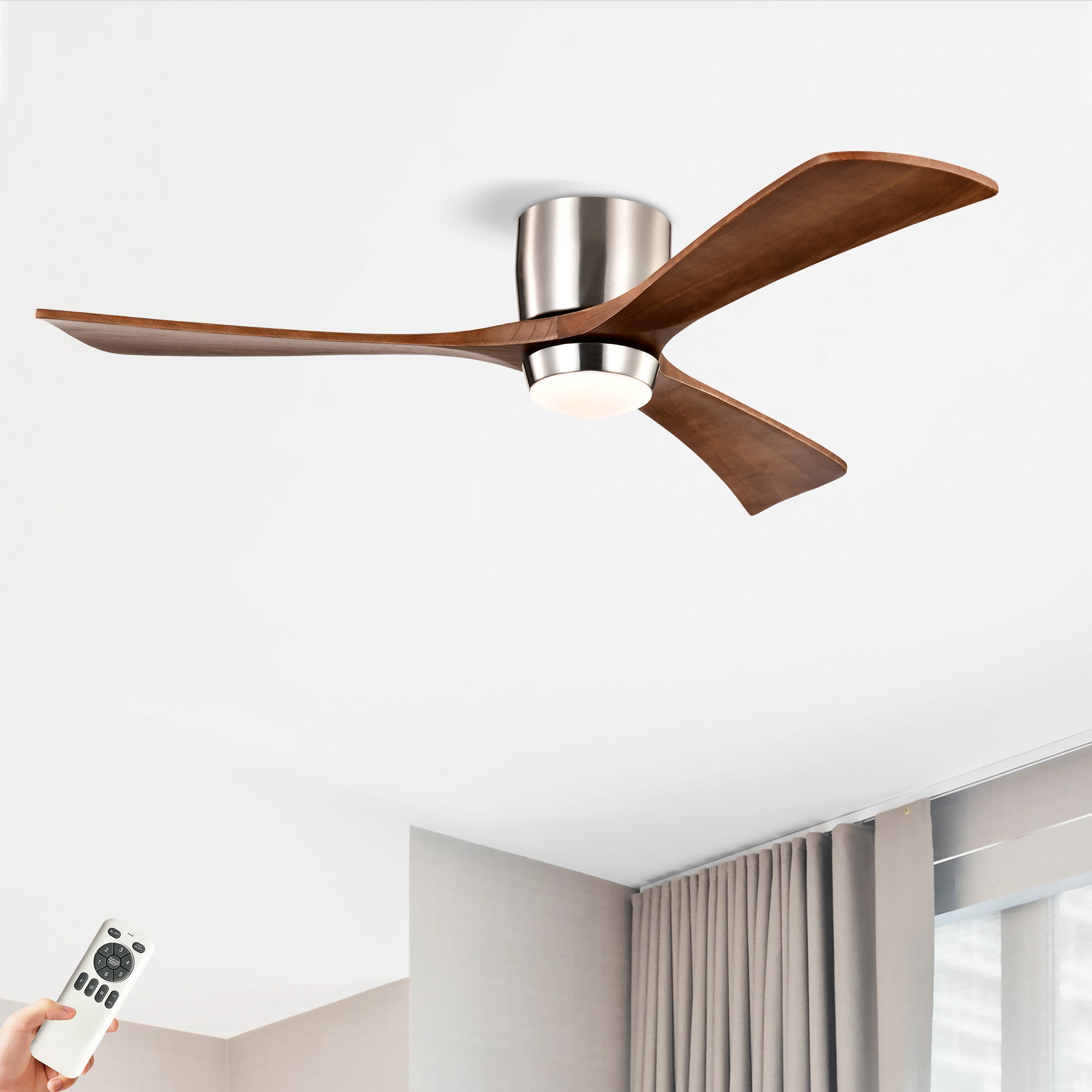 52" Ceiling Fan with Lights - DC Motor, Remote, Reversible (Stain Nickel + Walnut)