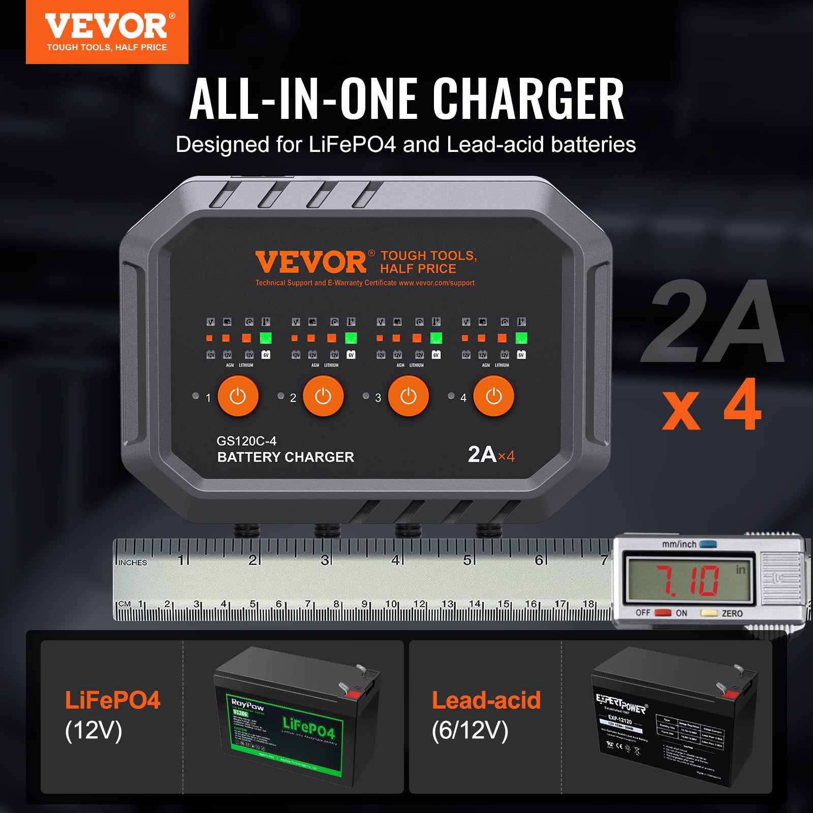 VEVOR Smart Battery Charger, 8-Amp (GS120C-4) — LiFePO4 & Lead-Acid