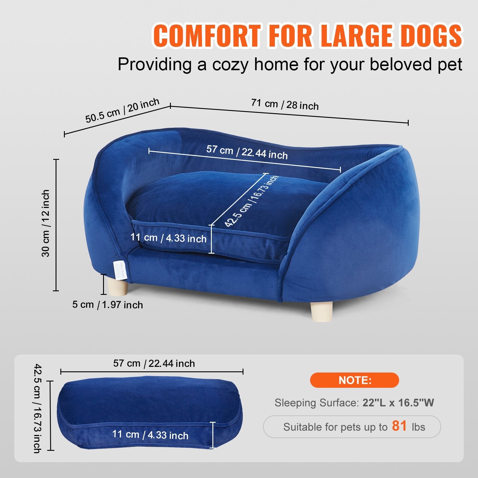 Pet Sofa Dog Couch – Medium Dog Bed, 81 lb Support, Elevated & Plush