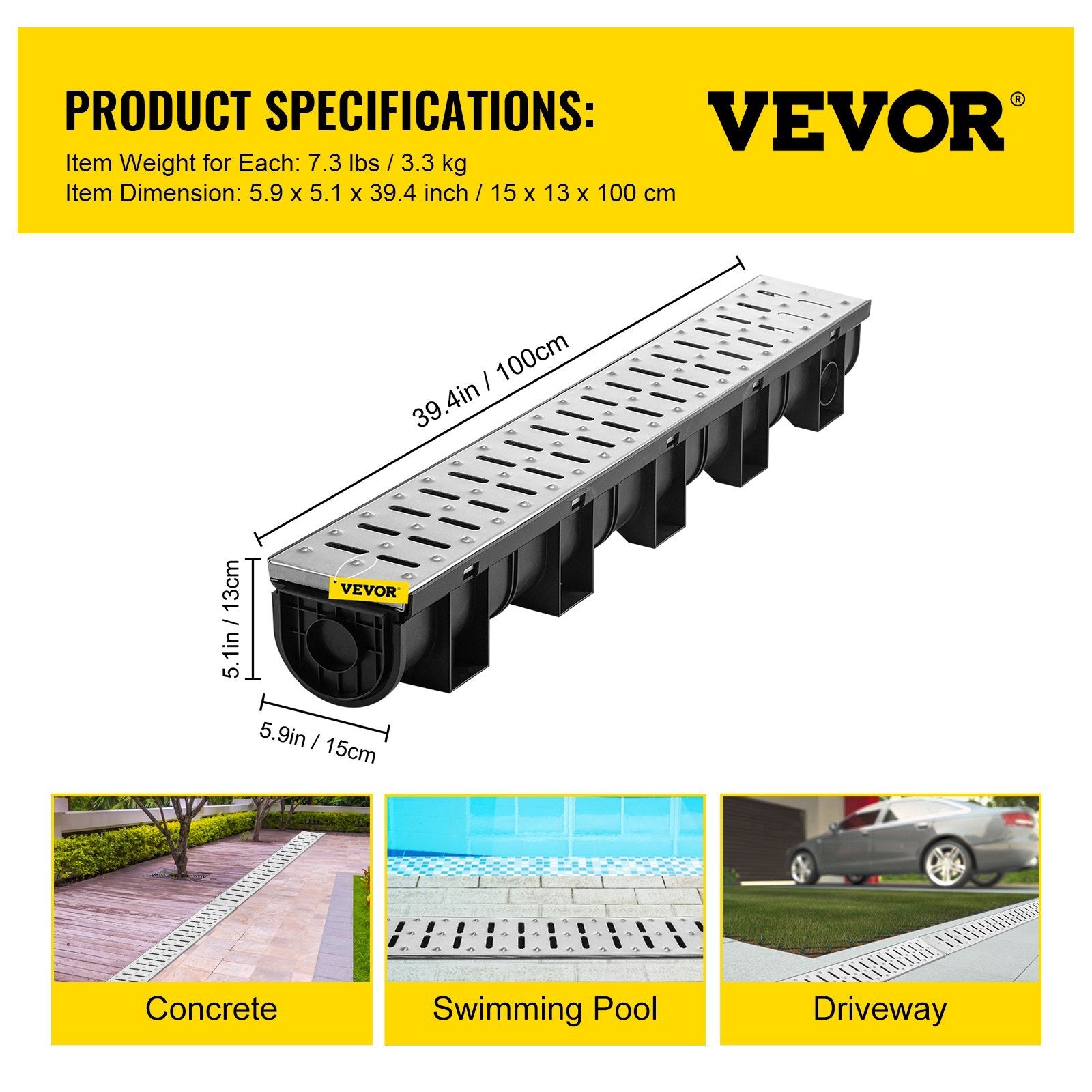 VEVOR Trench Drain System, Channel Drain With Metal Grate — 3-Pack (5.9 x 5.1 x 39.4 in)