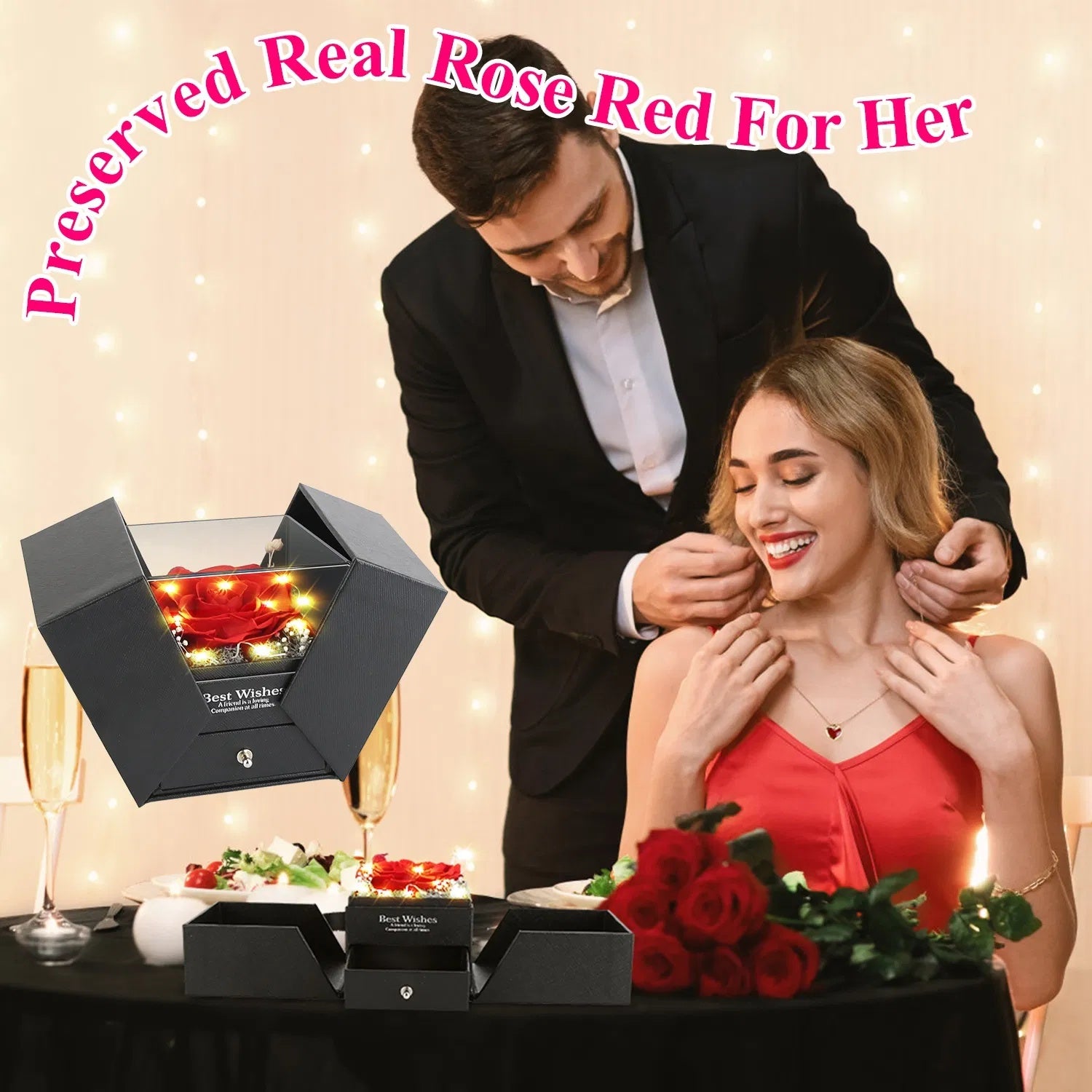 Preserved Red Real Rose with Heart Necklace — Eternal Gift Box