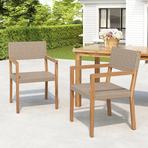 Outdoor Dining Chairs Set of 2 — Light Teak Acacia Frame & Multi Light Brown PE Wicker