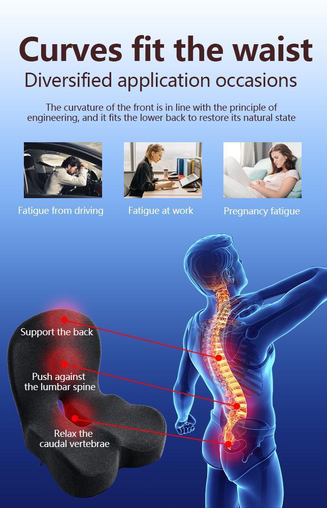 Coocosh Back Support Cushion with Ergonomic Design, Black Foam, 12x9 inches, Close-up view highlighting lumbar support features to alleviate back fatigue during driving, working, or pregnancy.