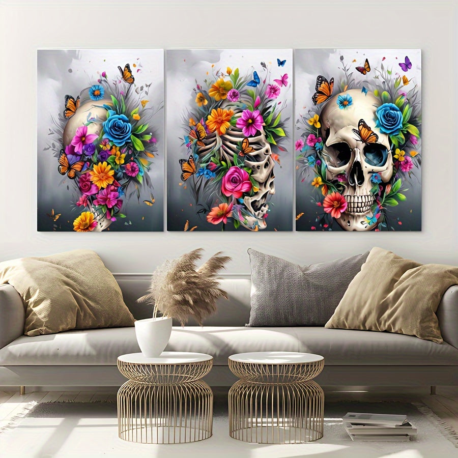 3 Pieces Skull Art Canvas Painting - Framed Contemporary Minimalist Artwork