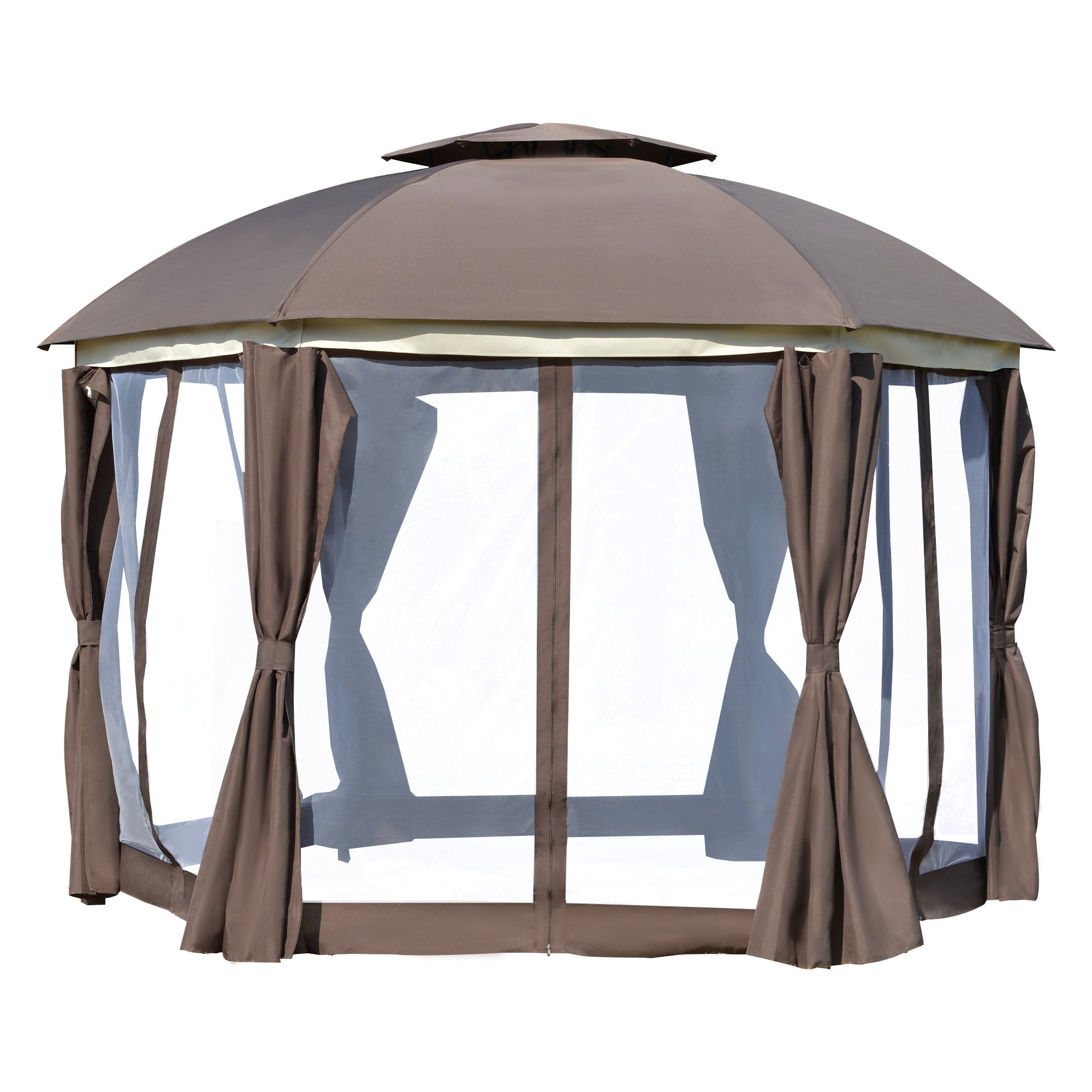 Coocosh Gazebo features weather-resistant brown fabric with a vented roof. The outdoor canopy tent with netting offers shade and protection from the sun and insects. Perfect for patios.