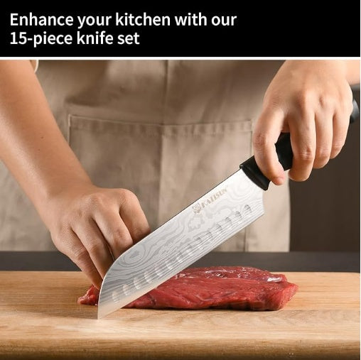 Damascus Pattern 15-Piece Kitchen Knife Set With Block, High Carbon Steel Chef Knife, Includes Sharpener And Scissors, Ergonomic Black Anti-Slip Handle And Red Trim