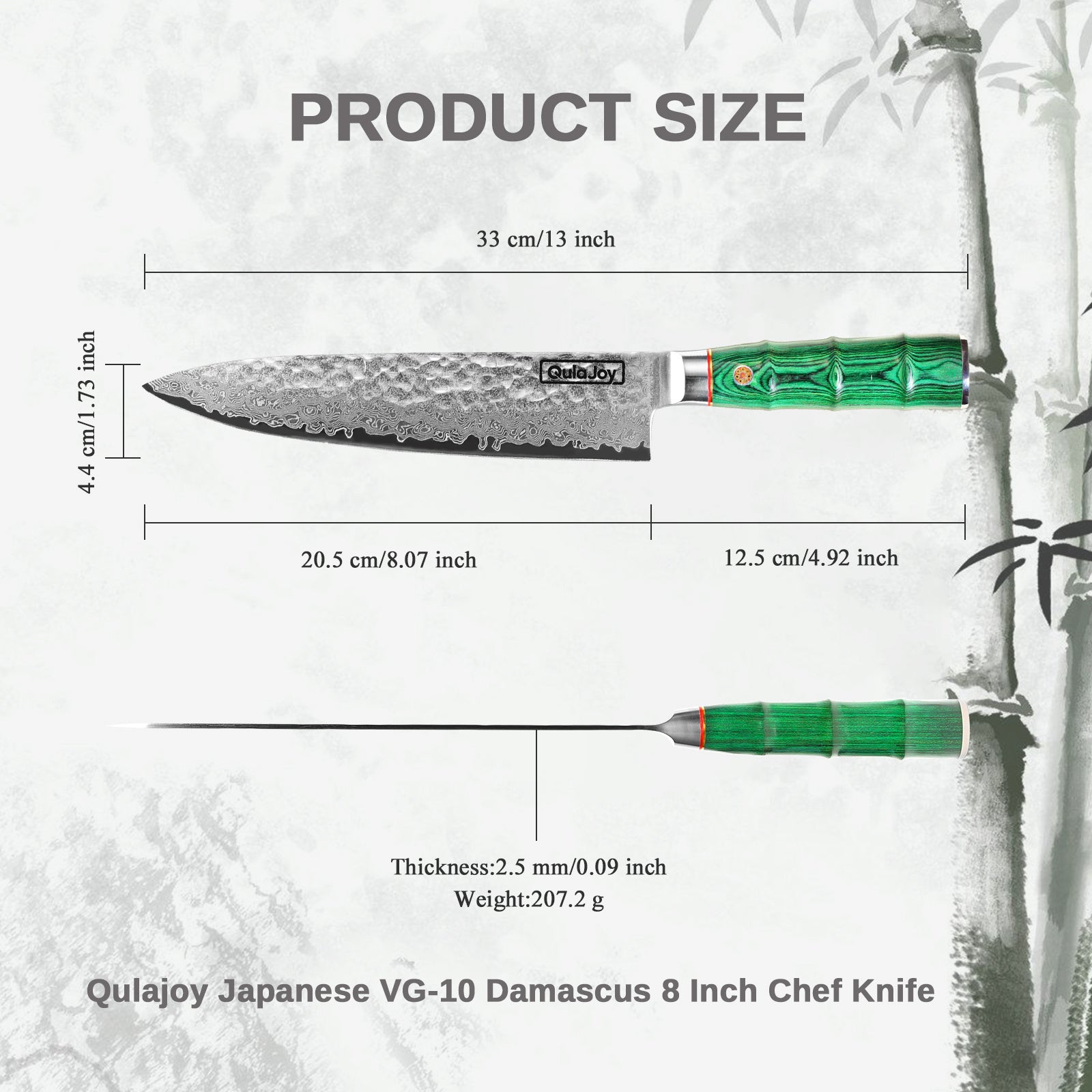 Qulajoy Japanese Chef Knife 8 Inch, 67-Layer Damascus VG-10 Steel Core — Hammered Blade & Ergonomic Bamboo-Style Wooden Handle