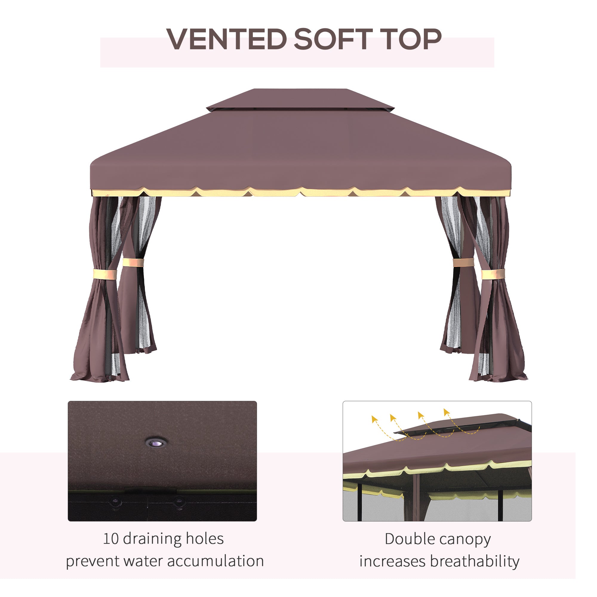 Coocosh Vented Soft Top Gazebo featuring a durable double canopy in rich brown color with robust PE netting for ventilation, designed to prevent water accumulation with 10 drainage holes and provide superior outdoor comfort.