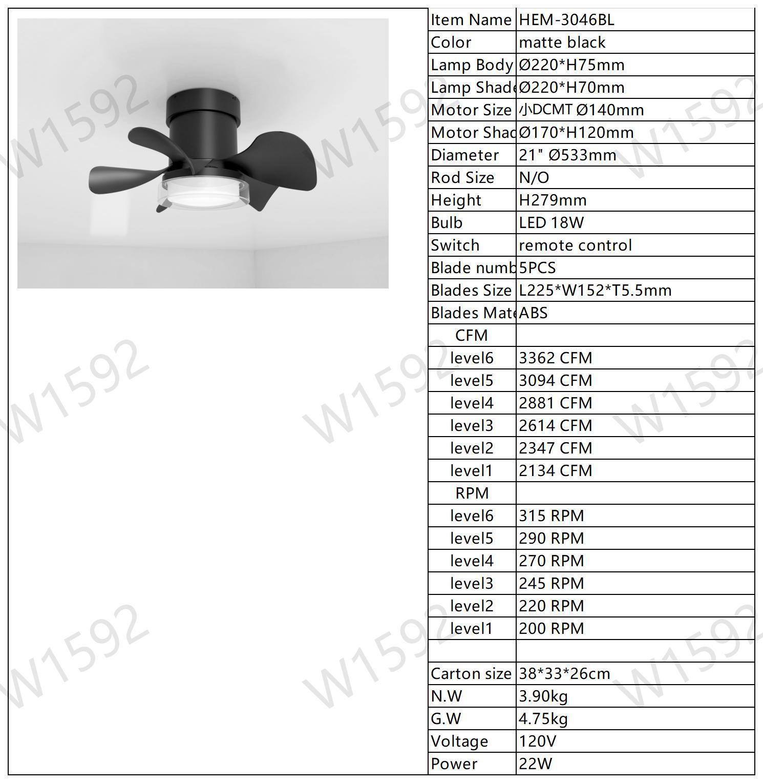 21'' Low Noise Matte Black ABS Blade Remote Ceiling Fan With LED Light