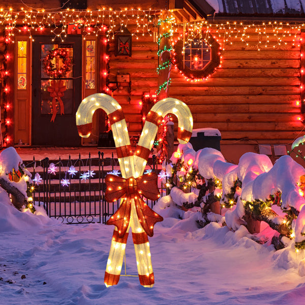 Lighted Candy Cane And Red Bowknot Christmas Decorations, Pre-lit 2D Holiday Decor With 100 Warm White LED Lights For Xmas Outdoor Indoor Decor Lighted Holiday Displays