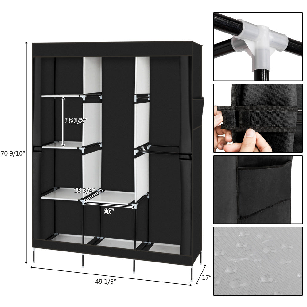 Coocosh clothes rack organizer with a robust black steel design, featuring spacious shelves and a zippered cover, ideal for creating order in closet spaces.