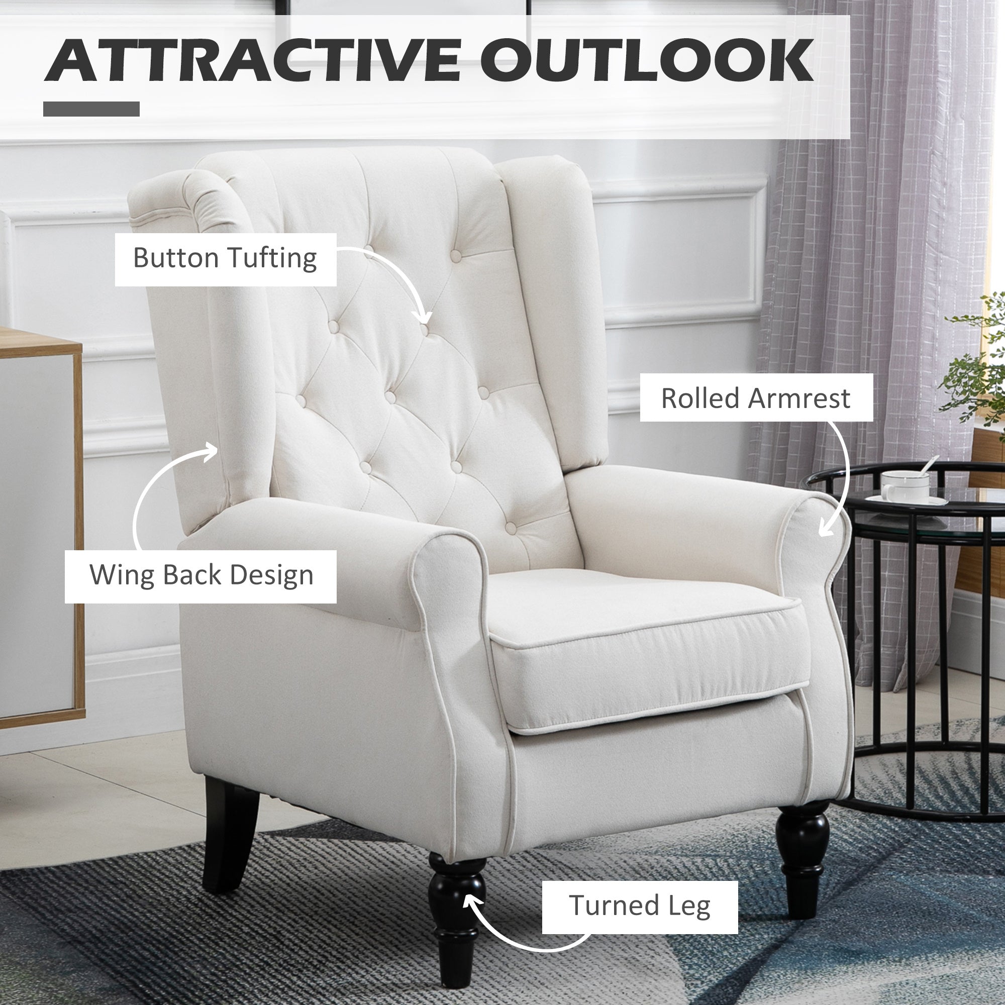 Cream White High Back Accent Chair Wooden Legs Removable Cushion - View 5