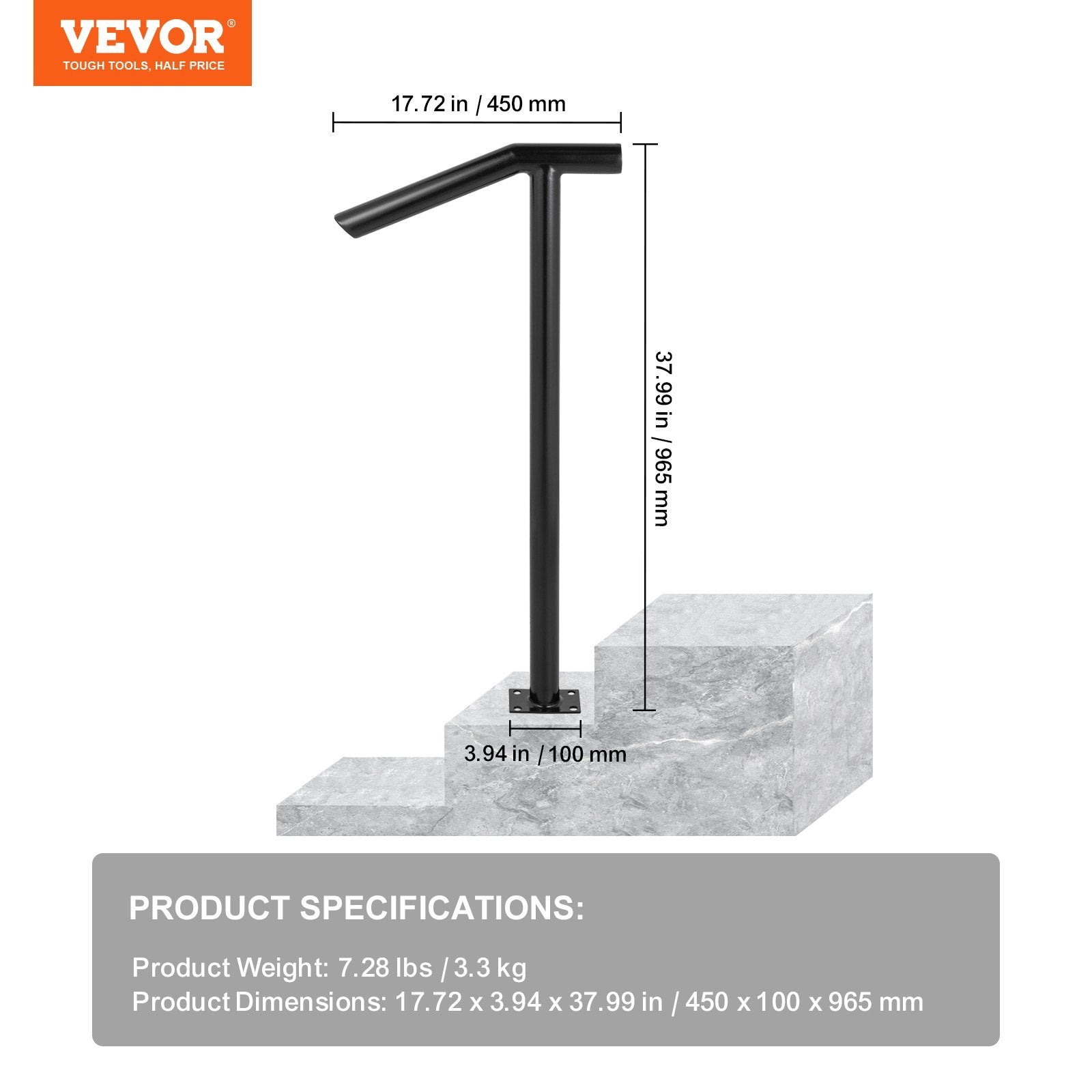 VEVOR Single-Post Outdoor Steel Handrail — Black, 441 lb Capacity