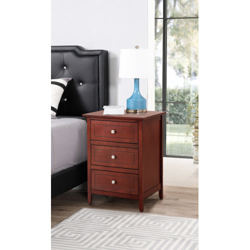 Coocosh Nightstand with three spacious drawers, rich mahogany finish, 24 inches tall, perfect for modern bedrooms, alongside a stylish blue lamp, enhancing your decor quality.