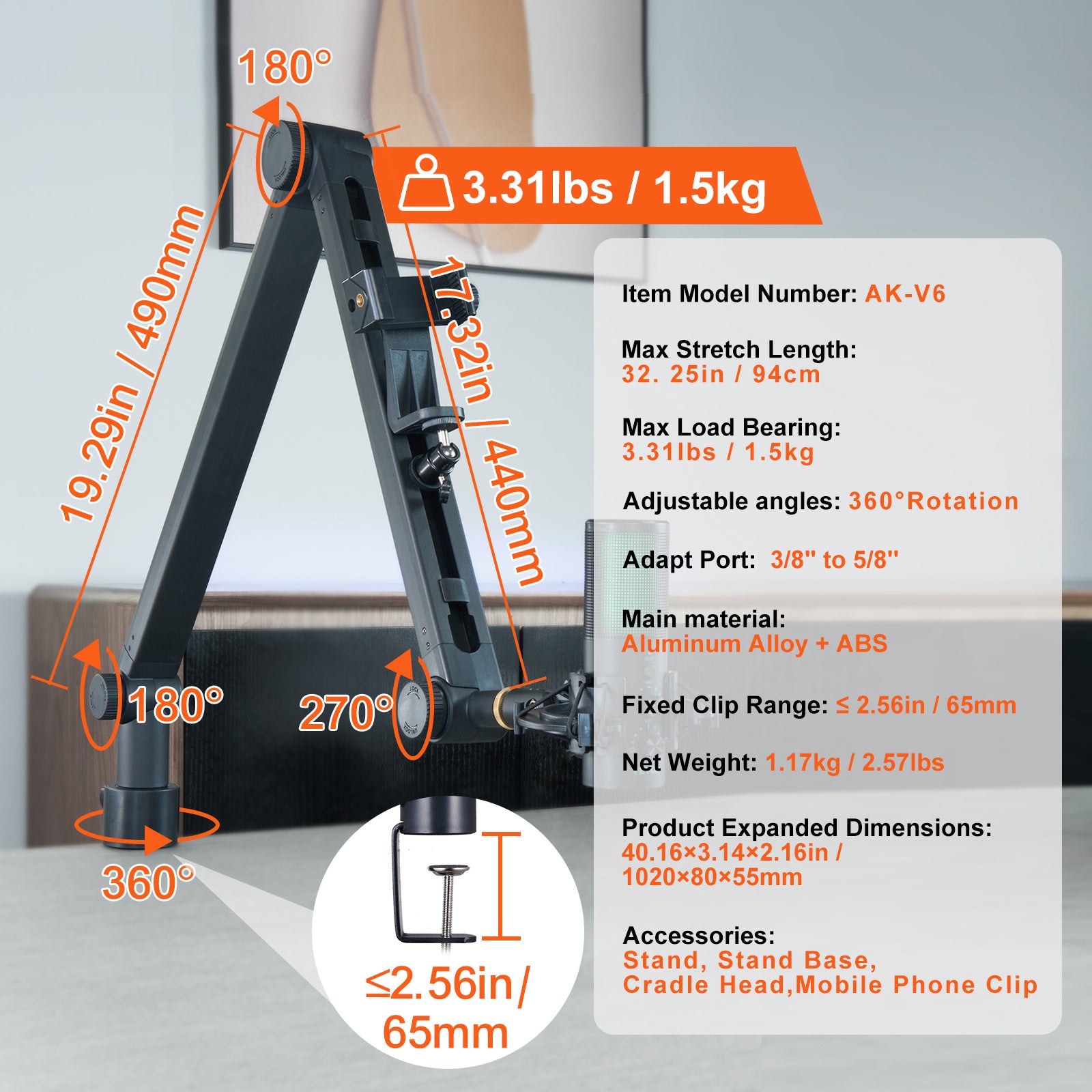 VEVOR Adjustable Microphone Boom Arm With Desk Mount — Compatible with Blue, HyperX, Shure & Audio‑Technica