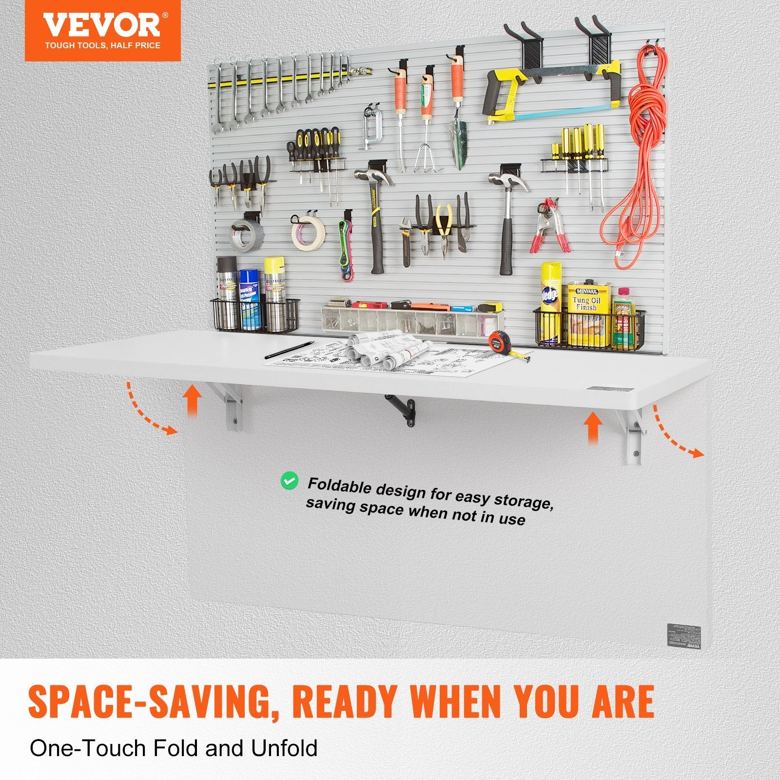 VEVOR Wall Mounted Folding Table, Wall Mount Drop Leaf Table, Floating Desk With Iron Bracket, Fold Down Desk For Small Spaces, Home Office, Dining, Laundry Room, Kitchen, Bar, White