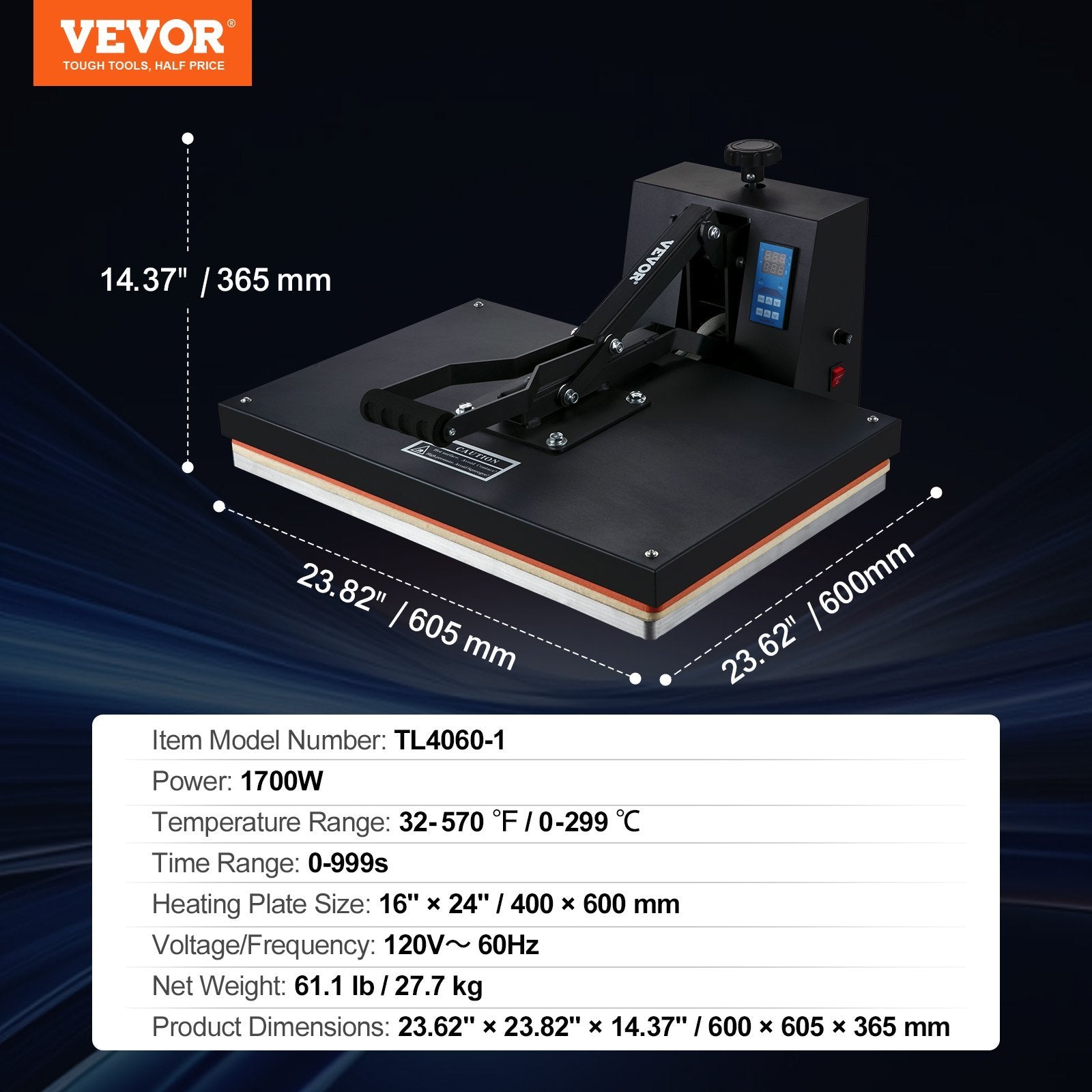 VEVOR Heat Press 16x24, 1700W Fast Heating High Pressure Heat Press Machine for T-Shirt & Sublimation, Black