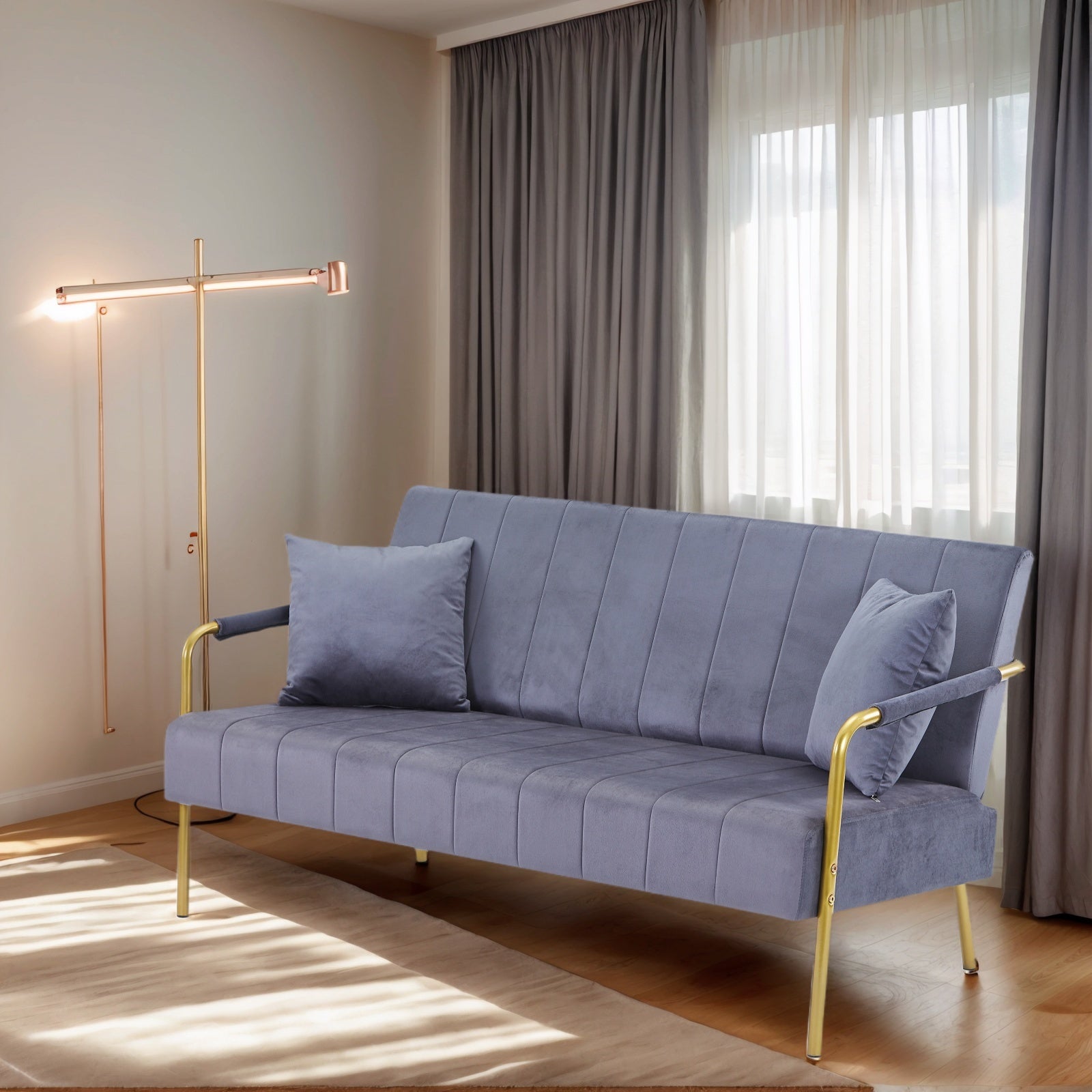 Coocosh Modern Sofa with plush velvet upholstery, featuring elegant gold metal legs and two matching cushions, in a serene light blue color, ideal for contemporary living spaces, offering comfort and style. Elevate your home decor.