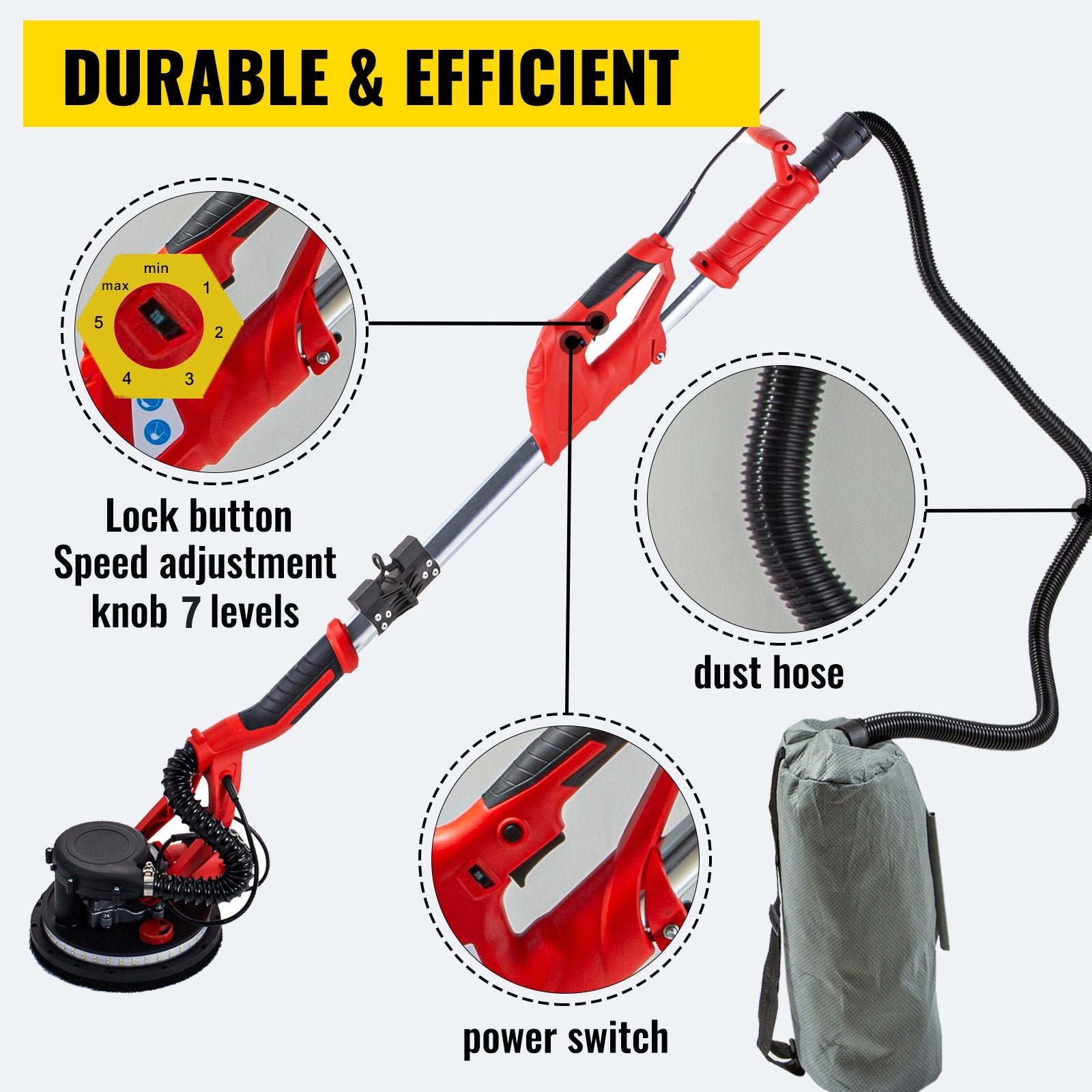 VEVOR Drywall Sander 850W, Variable Speed Electric Sheetrock Sander with Telescopic Handle, LED Light & Dust Bag