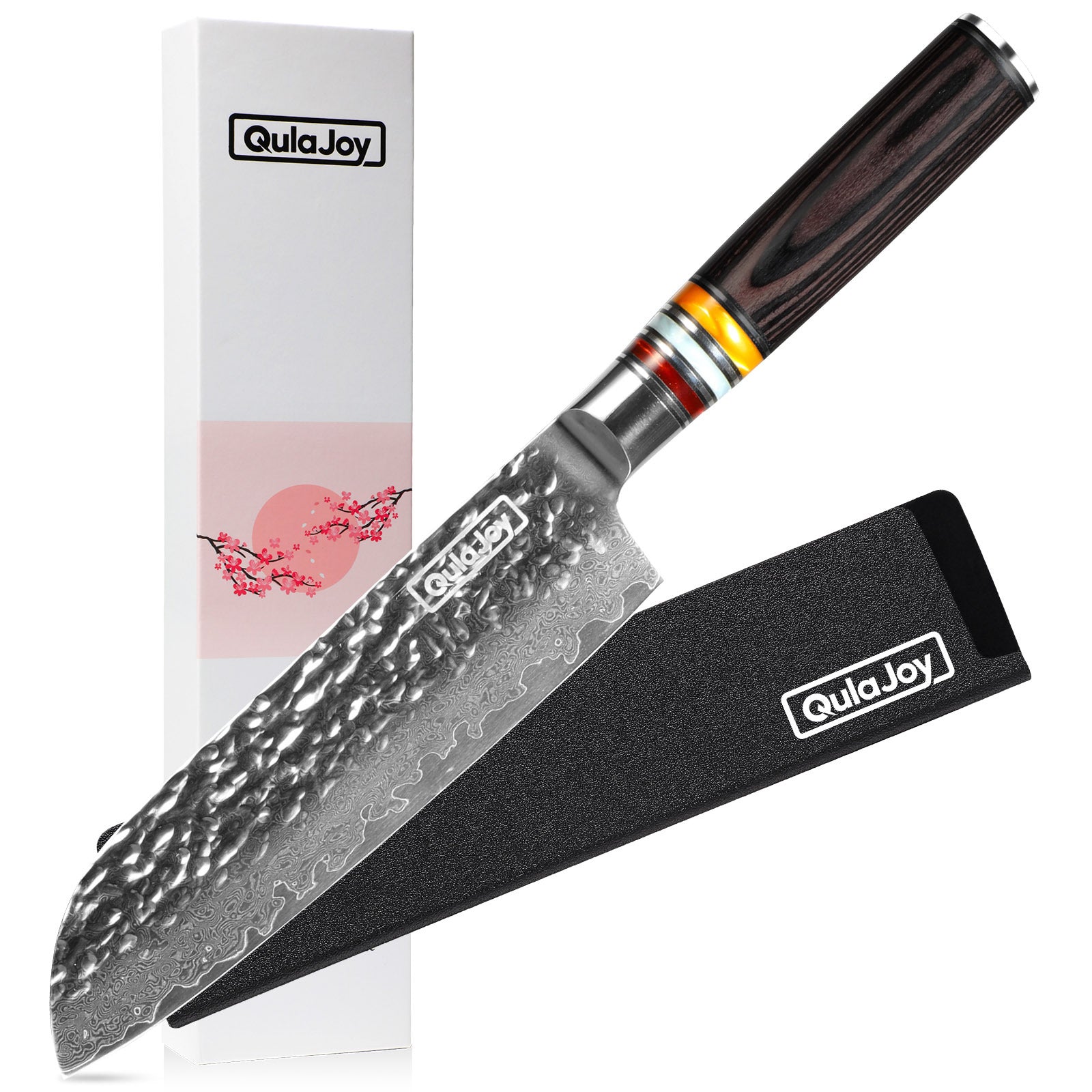 Qulajoy 7 Inch Nakiri Chef Knife, 67-Layer Damascus VG-10, Pakkawood Handle