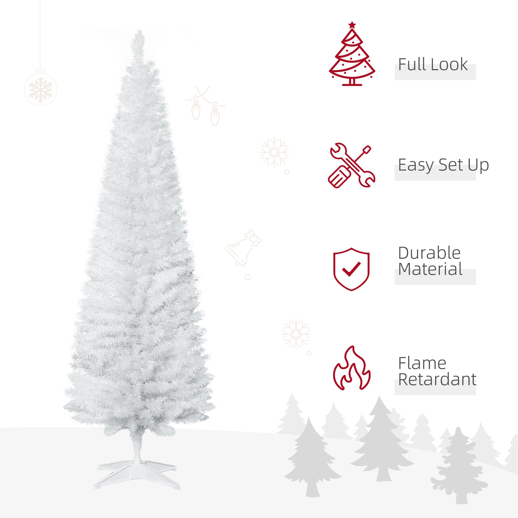 6ft White Christmas Tree, Slim Xmas Tree With Full Appearance, PVC 390 Branch Tips And Metal Stand, Artificial Christmas Tree, White