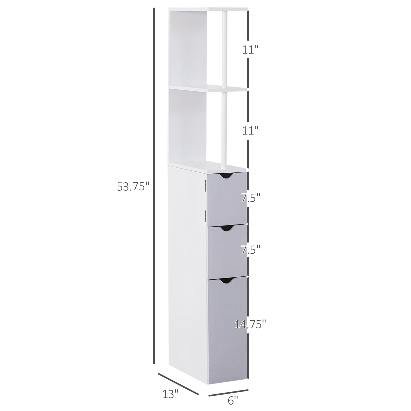 Coocosh Storage Unit with Shelves and Drawers, featuring a sleek white finish with gray accents, dimensions of 53.75" height x 13" width x 6" depth, displayed in a side profile for clear view of storage capacity.
