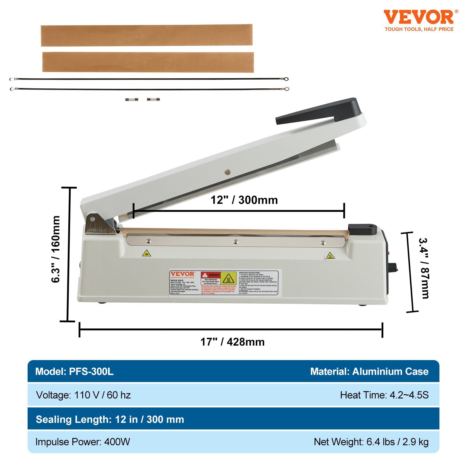VEVOR Impulse Sealer 12 Inch, Manual Heat Sealing Machine