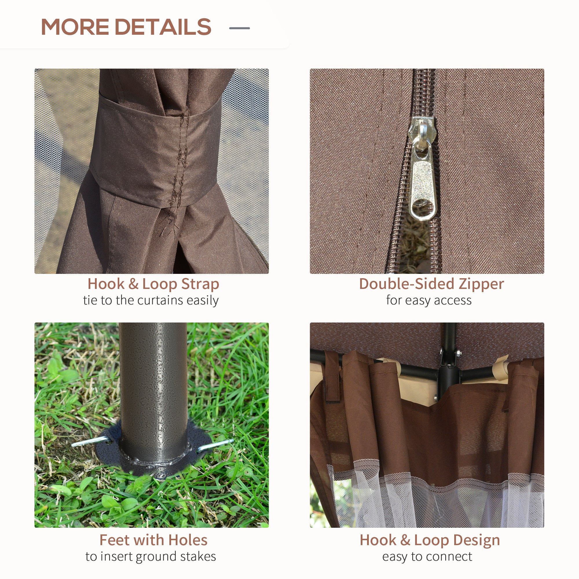 Coocosh Outdoor Canopy Features Close-up of Durable PE Netting with Double-Sided Zipper, Brown Fabric, Secure Hook & Loop Strap, and Stake-Ready Feet Design for Stable Setup.