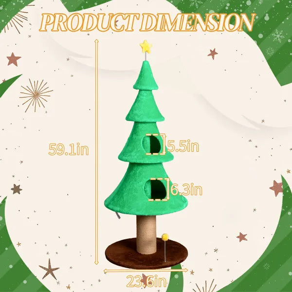 59in Large Tall Christmas Tree Cat Tower With 2 Cat Condos & Scratching Post, Soft Fleece, Teaser Toy, Sturdy Base - Green