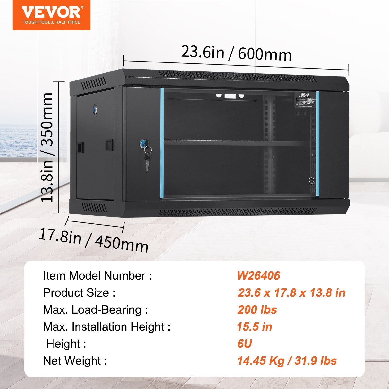 VEVOR 6U Wall Mount Network Server Cabinet, 15.5" Deep, 200 lb Capacity