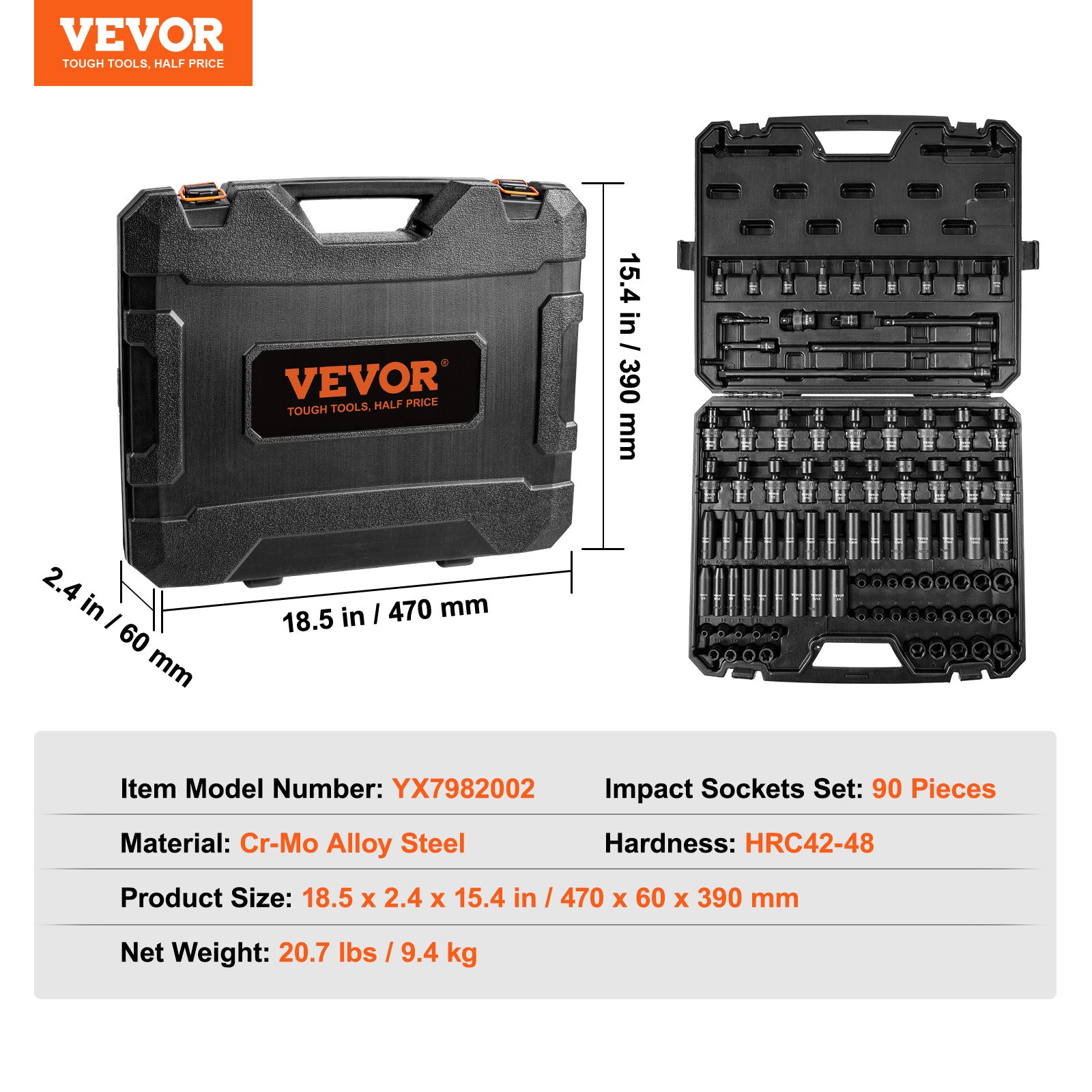 VEVOR Drive Impact Socket Set 6-Point Cr-Mo Alloy Steel (90-Piece)