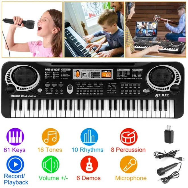 Coocosh Music Workstation Keyboard with 61 keys, 16 tones, and 10 rhythms, featuring a sleek black design and compact size ideal for beginners and family fun.