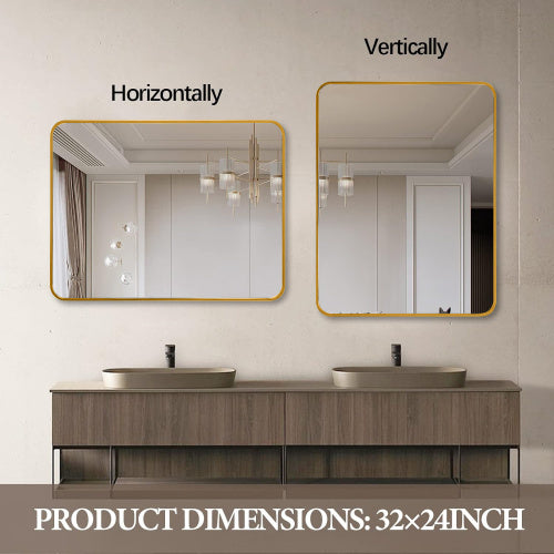 24x32 Inch Gold Metal Framed Rectangular Bathroom Mirror for Wall