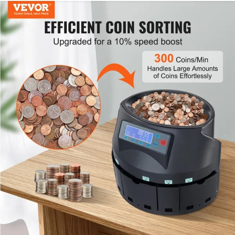 VEVOR USD Coin Sorter Coin Counter Wrapper And Roller - 300 Coins/Min LCD