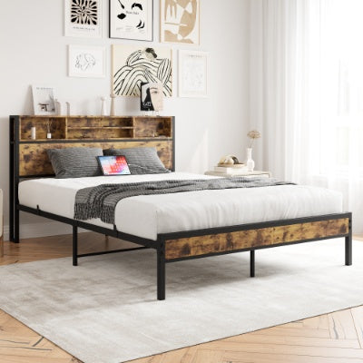 Coocosh Bed Frame with Integrated Storage, Rustic Wood Finish and Black Steel, Twin Size, Modern Design, Ideal for Space-Saving in Contemporary Bedrooms.