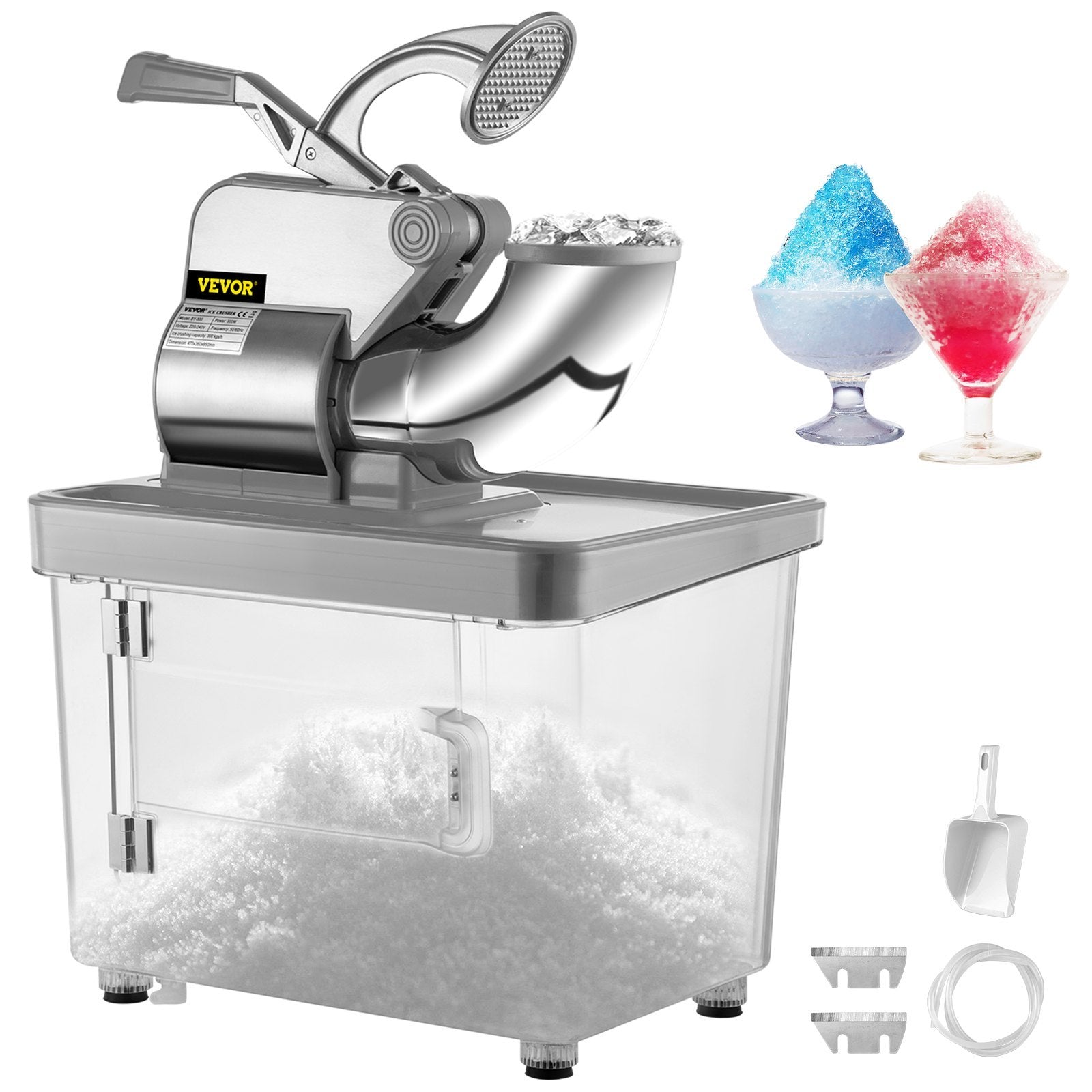 VEVOR 110V Commercial Ice Crusher , ETL Approved 300W Electric Snow Cone Machine With Dual Blades, Stainless Steel Shaved Ice Machine With Safety