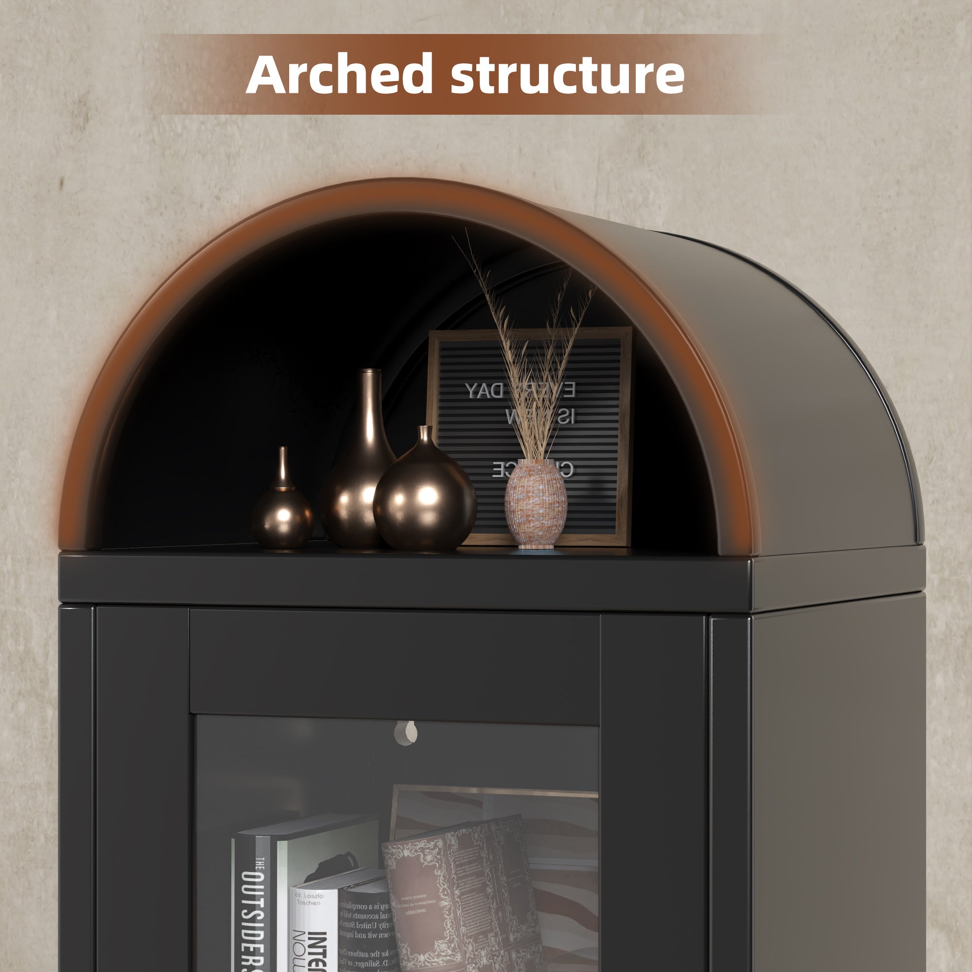 Coocosh presents a versatile arched storage cabinet in black and white, crafted from sturdy steel, featuring ample space for indoor organization or podcasting setups.