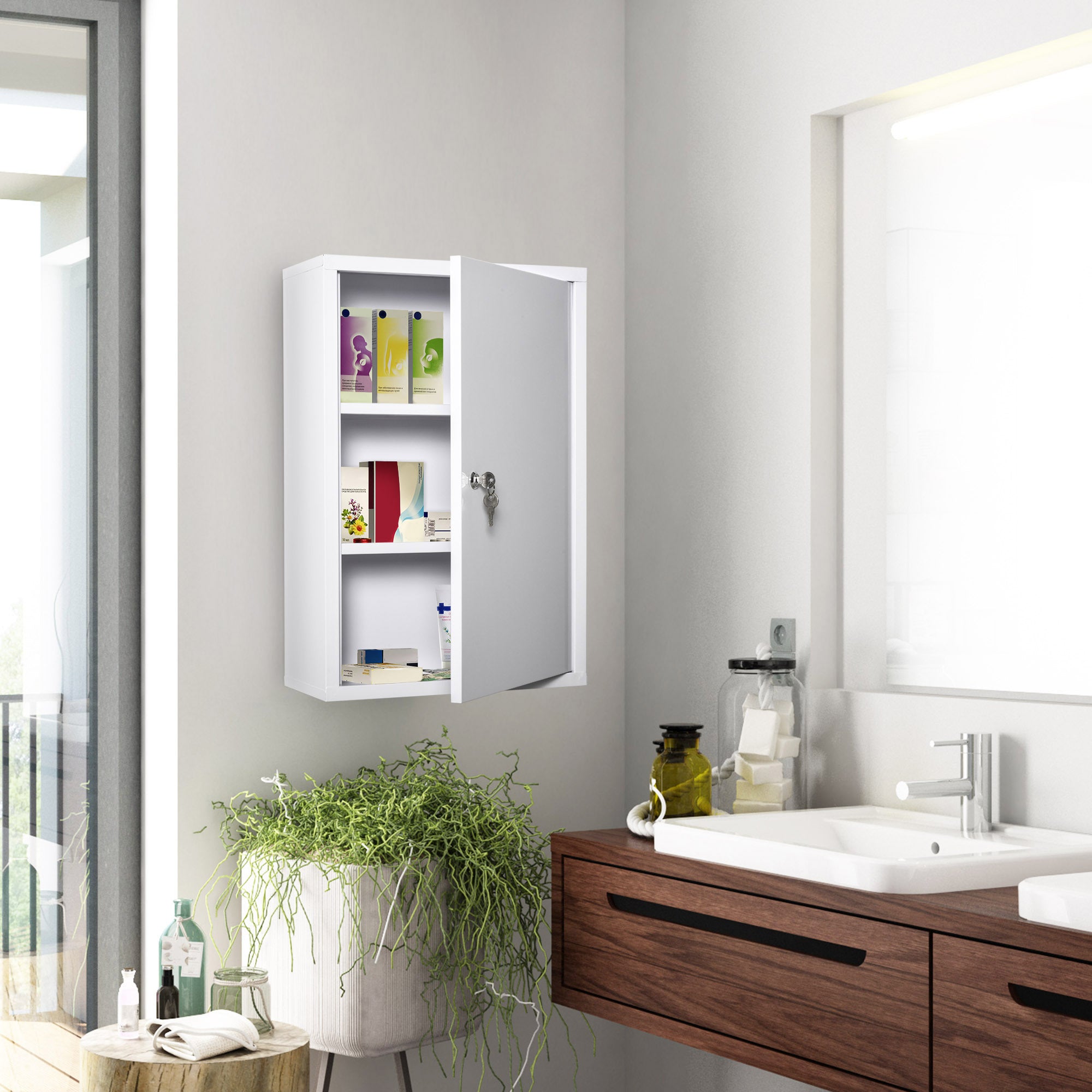Coocosh Bathroom Cabinet with Key Lock, Modern White Finish, Compact Size for Small Spaces, Showcasing Organized Storage with Visible Contents, Designed for Chic Bathroom Decor.